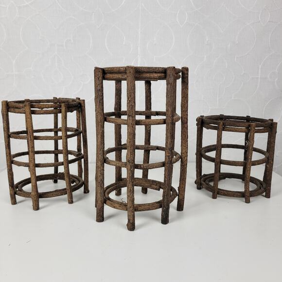VINTAGE Handmade Candle Holders Brown Primitive Wooden Stick Home Decor Set of 3 - Picture 1 of 15